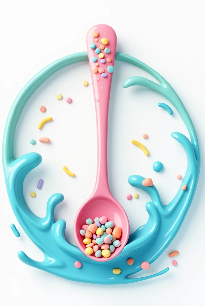 Make a small smaller spoon with multicolor pastel glitter tiny pebbles inside with splash wave art style around 2d splash art, drawing cute like in motion logo circle