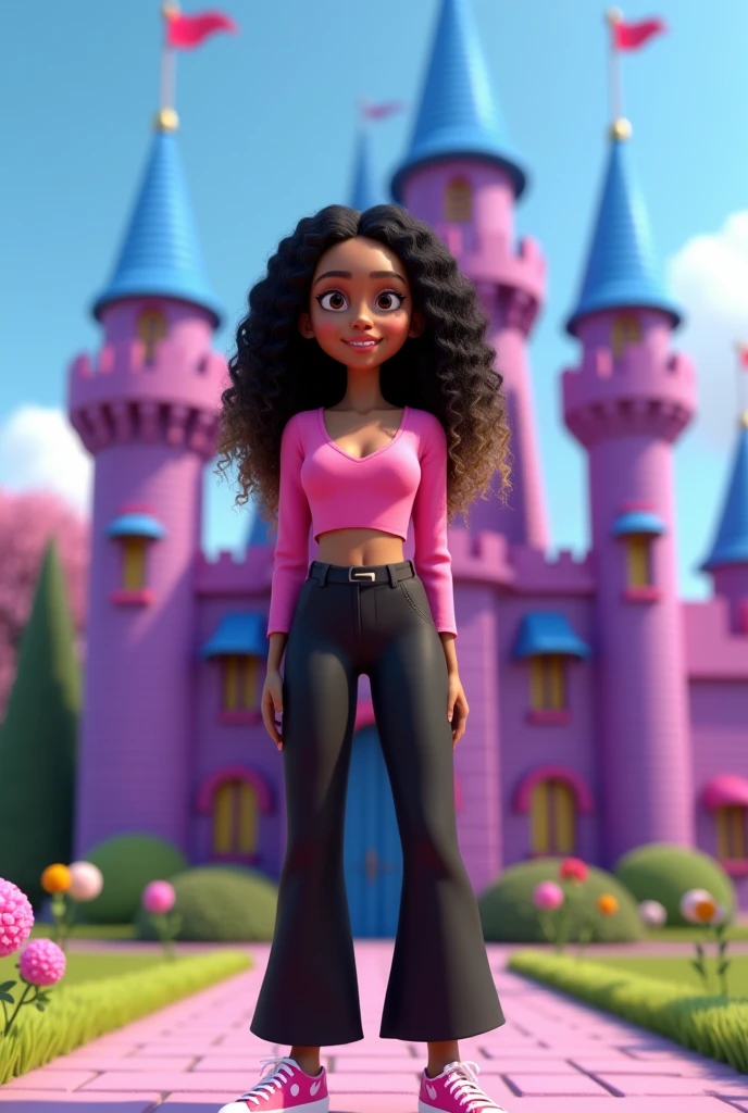 create a 3D illustration of an animated character of a beautiful 30 year old woman with waist length curly hair,black with blonde strands at the ends,as if they were locks,,she has big black eyes,small-nose,small and fleshy mouth,well drawn eyebrow,she is well made up,The character must wear a long-sleeved V-neck crop top in pink.,and black palazzo pants,mid-calf sneakers with pink heart,The character'The background is a castle made of bright purple bricks,gable blue roofs, and windows with pink lines,in the front yard surrounded by flowers and the bright blue sky.
