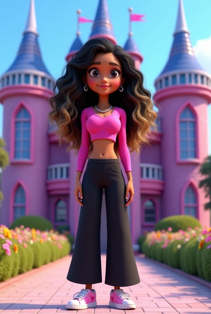 create a 3D illustration of an animated character of a beautiful 30 year old woman with waist length curly hair,black with blonde strands at the ends,as if they were locks,,she has big black eyes,small-nose,small and fleshy mouth,well drawn eyebrow,she is well made up,The character must wear a long-sleeved V-neck crop top in pink.,and black palazzo pants,mid-calf sneakers with pink heart,The character'The background is a castle made of bright purple bricks,gable blue roofs, and windows with pink lines,in the front yard surrounded by flowers and the bright blue sky.
