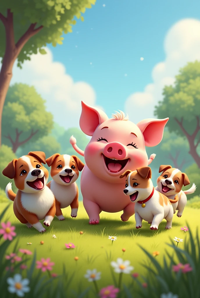 generates an image of a pig playing with dogs