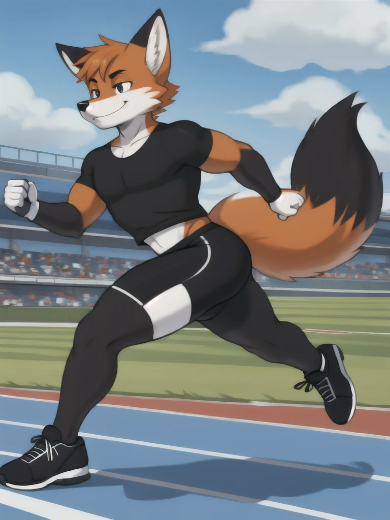 Furry, fox, male, black shirt, black spandex bike shorts, shoes, running track, solo, full body