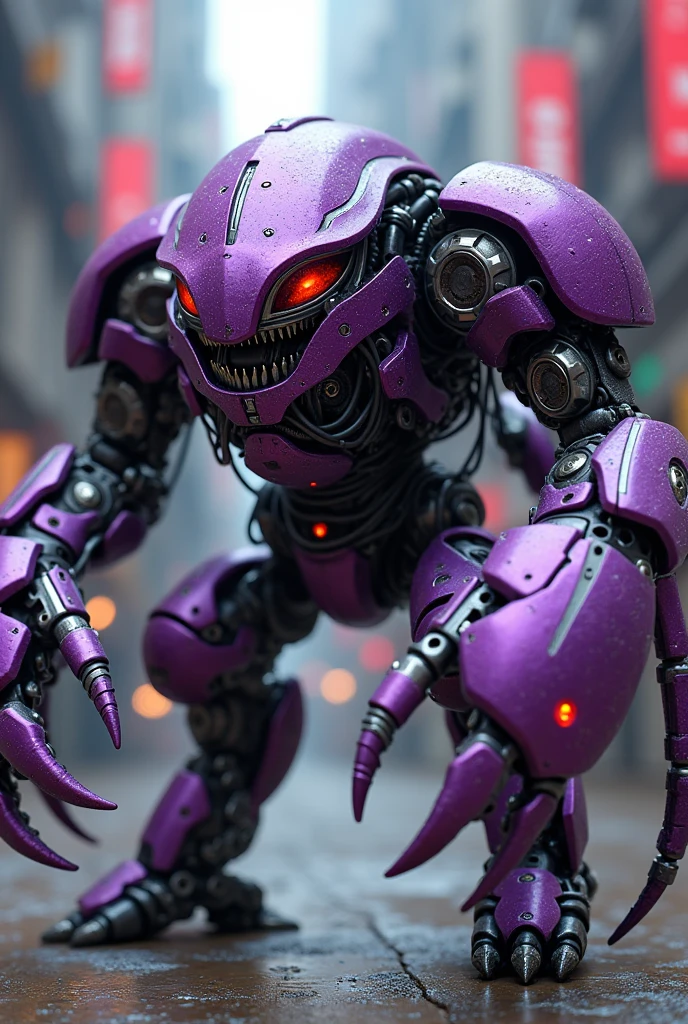 a highly detailed cyborg crab robot, a highly detailed cyborg humanoid robot, a highly detailed cyborg scorpion robot.. red sharp eyes shape. Sharp teeth metal Gundam . Transformers, exquisite purple armor with silver accents,.human skull metal concept . hyperrealistic, 8k, photo-realistic, cinematic lighting, intricate machinery, gears, wires, sleek futuristic design, dynamic poses, dramatic shadows, vibrant colors. Lighters. Steampunk. Ben 10. Zoid. Digimon. Hulkbuster. Giant robot. Human robotics hand.