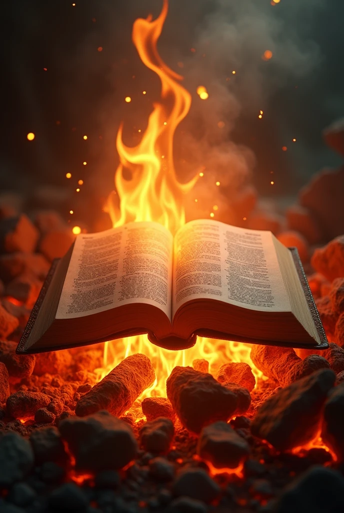 Create an image with an open Bible in the middle of a lively fire