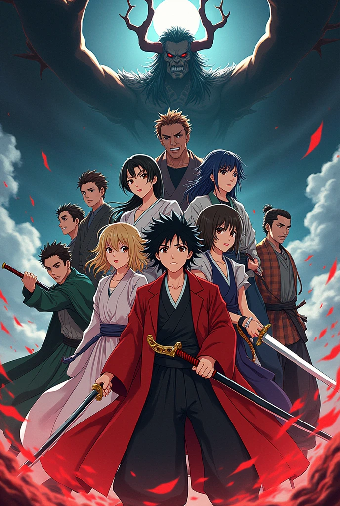 Generate a wall mural showing all the hashiras from the anime Kimetso no Yaba, and Muzan Kibutsudi as the background