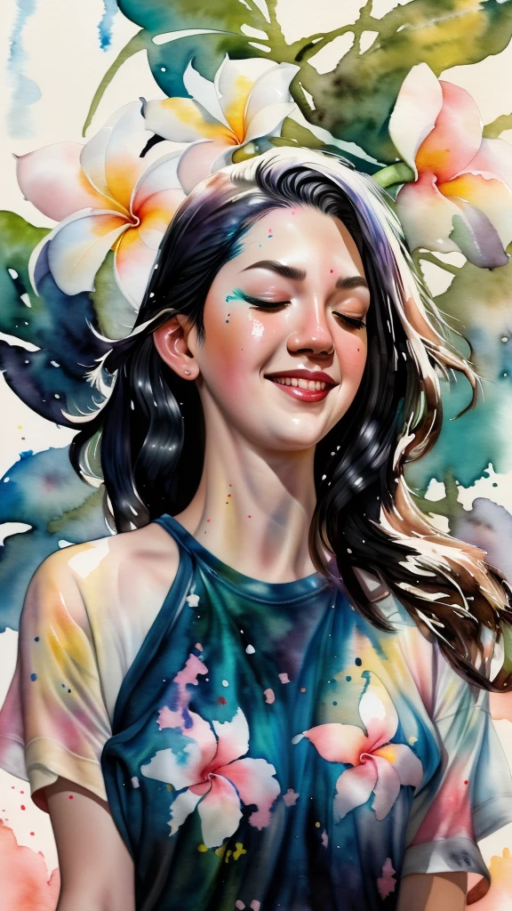 a Plumeria painting with a splatter background and spray paint effect, by Adam hughes, plumeria flower design t-shirt and jean shorts, upper body centered, multi-color hair, closed eyes, big happy smile, watercolor art, watercolor painting, watercolor painting style, watercolor detailed art, watercolor digital painting, watercolor paint, masterfully detailed watercolor, watercolor art