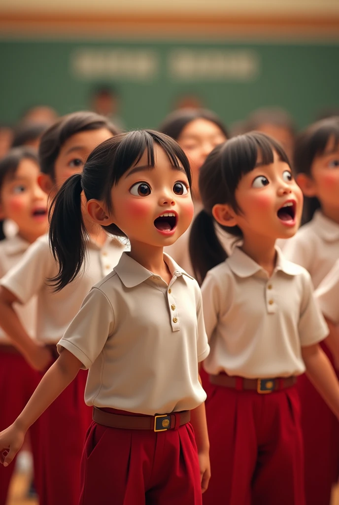 Grade 4 students are singing together wearing their uniforms of white shirts, red pants and Indonesian faces.