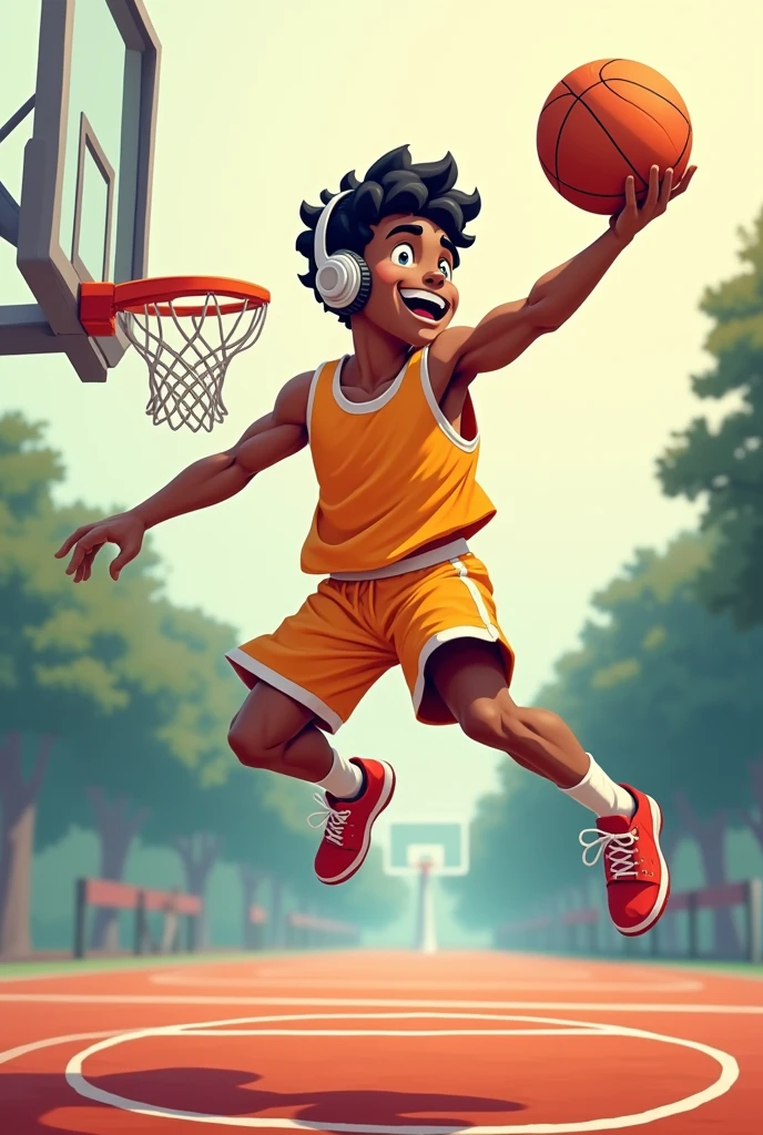 Wallpaper of male cartoon character playing basketball and wearing headphones