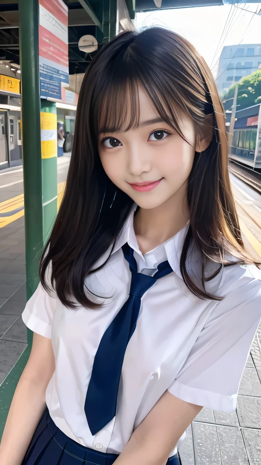 Masterpiece、Highest quality、An illustration、Super detailed、High resolution with great detail、8k wallpaper、Perfect dynamic composition、１６year old female student、cute、Young、Small and thin arms、Small breasts、Beautiful detailed eyes、School uniforms、Short Bob、Natural color lip、Random sexy poses、smile、waiting for the train on the station platform、