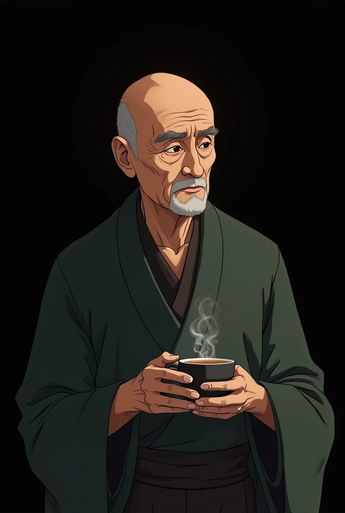 A wise old Japanese man with his cup of tea , The background of the image is black in anime mode, so the old man is on the right of the picture , the old man has no beard, The old man is looking to the left.