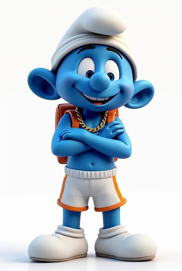 Create a smurf image, as a mascot, marrento, with gold chain around his neck, backpack on back,  with futsal player shorts, crossed arms, simple smile, smurf eyes