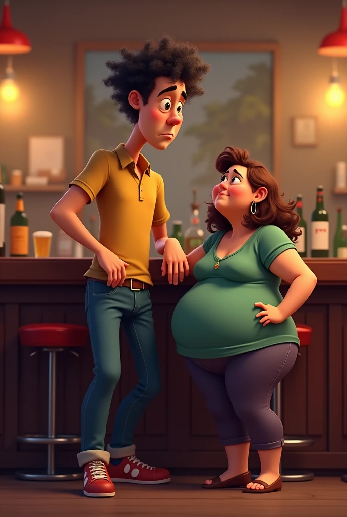 A tall man with curly dark hair and a chubby woman with brown and dark hair in a bar, The drunk man pissed and the woman caring. animated