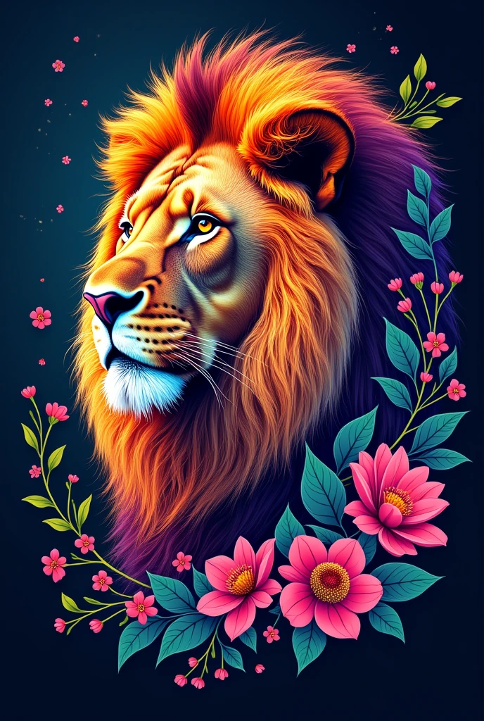 A lion drawn with flowers and colored with bright colors, The background is black and the colors are vibrant, similar to pinterest images, a little more professional and the lion is in profile