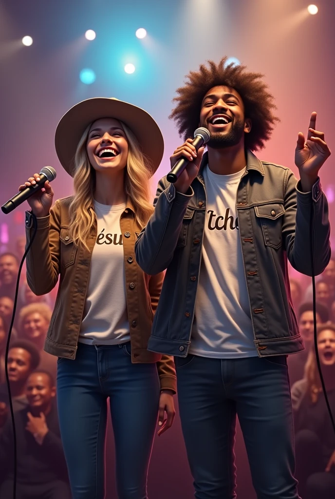 (Maximum quality, work of art: 1.3), : 1.3, (holding microphone: 1.2), Brown male singers, curly hair, and blonde woman with hat, Shirt with Jesus written on it Grace Echo, comely, cerulean, Face ultra detailed, playing guitar and bass behind detailed, praising God, feeling the presence of God. , coat with Echo Grace written on it, singing pop, stage, with thousands of people in the audience detailed