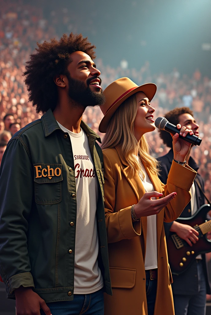 (Maximum quality, work of art: 1.3), : 1.3, (holding microphone: 1.2), Brown male singers, curly hair, and blonde woman with hat, Shirt with Jesus written on it Grace Echo, comely, cerulean, Face ultra detailed, playing guitar and bass behind detailed, praising God, feeling the presence of God. , coat with Echo Grace written on it, singing pop, stage, with thousands of people in the audience detailed