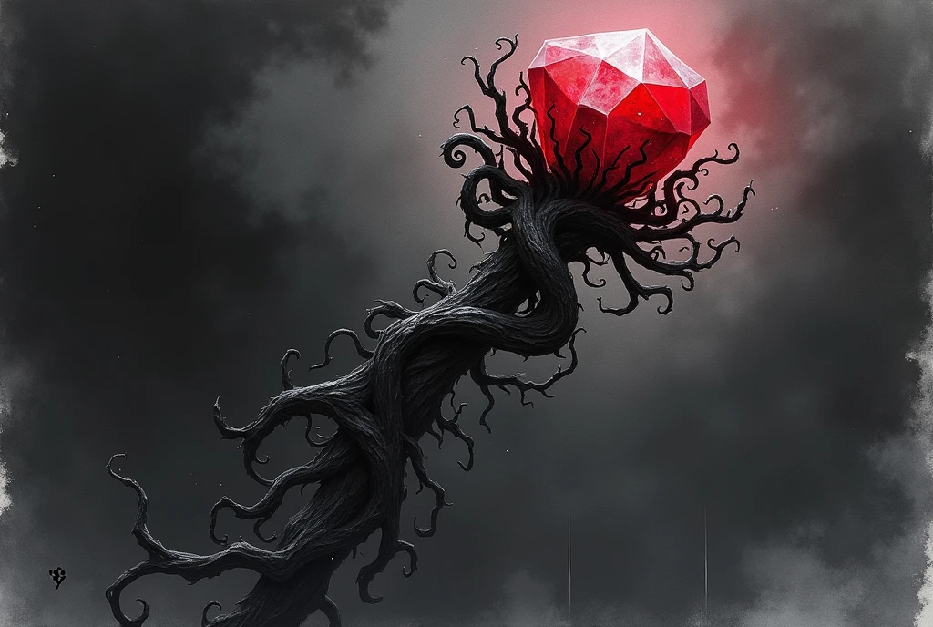 Black watercolor of the staff of Hermes made of black roots with a bright blood red crystal.
