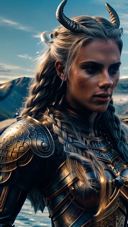 a beautiful nordic warrior woman, tall, with large blue eyes, long blonde braided hair, wearing a winged and horned war helmet, (best quality,8k,highres,masterpiece:1.2),ultra-detailed,(realistic,photorealistic,photo-realistic:1.37),portrait,fantasy,medieval,cinematic lighting,dramatic,heroic,intricate details,volumetric lighting,glowing eyes,strong female character,nordic mythology,detailed armor,detailed clothing,dramatic pose