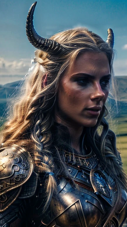 a beautiful nordic warrior woman, tall, with large blue eyes, long blonde braided hair, wearing a winged and horned war helmet, (best quality,8k,highres,masterpiece:1.2),ultra-detailed,(realistic,photorealistic,photo-realistic:1.37),portrait,fantasy,medieval,cinematic lighting,dramatic,heroic,intricate details,volumetric lighting,glowing eyes,strong female character,nordic mythology,detailed armor,detailed clothing,dramatic pose