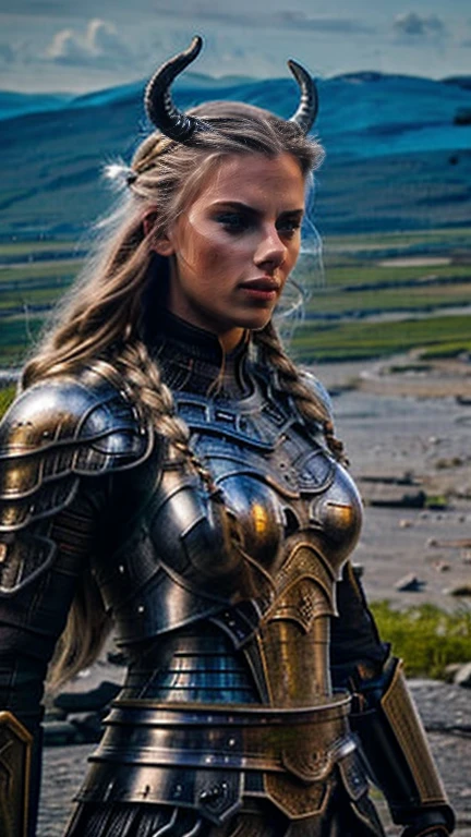 a beautiful nordic warrior woman, tall, with large blue eyes, long blonde braided hair, wearing a winged and horned war helmet, (best quality,8k,highres,masterpiece:1.2),ultra-detailed,(realistic,photorealistic,photo-realistic:1.37),portrait,fantasy,medieval,cinematic lighting,dramatic,heroic,intricate details,volumetric lighting,glowing eyes,strong female character,nordic mythology,detailed armor,detailed clothing,dramatic pose