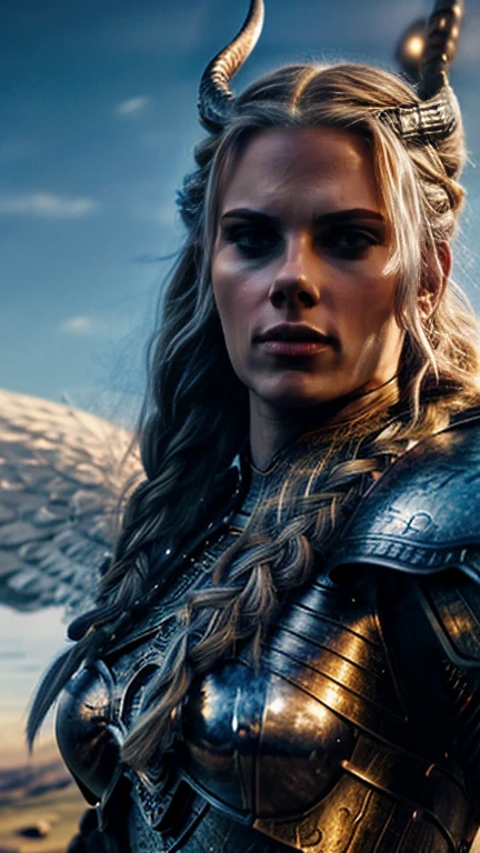 a beautiful nordic warrior woman, tall, with large blue eyes, long blonde braided hair, wearing a winged and horned war helmet, (best quality,8k,highres,masterpiece:1.2),ultra-detailed,(realistic,photorealistic,photo-realistic:1.37),portrait,fantasy,medieval,cinematic lighting,dramatic,heroic,intricate details,volumetric lighting,glowing eyes,strong female character,nordic mythology,detailed armor,detailed clothing,dramatic pose