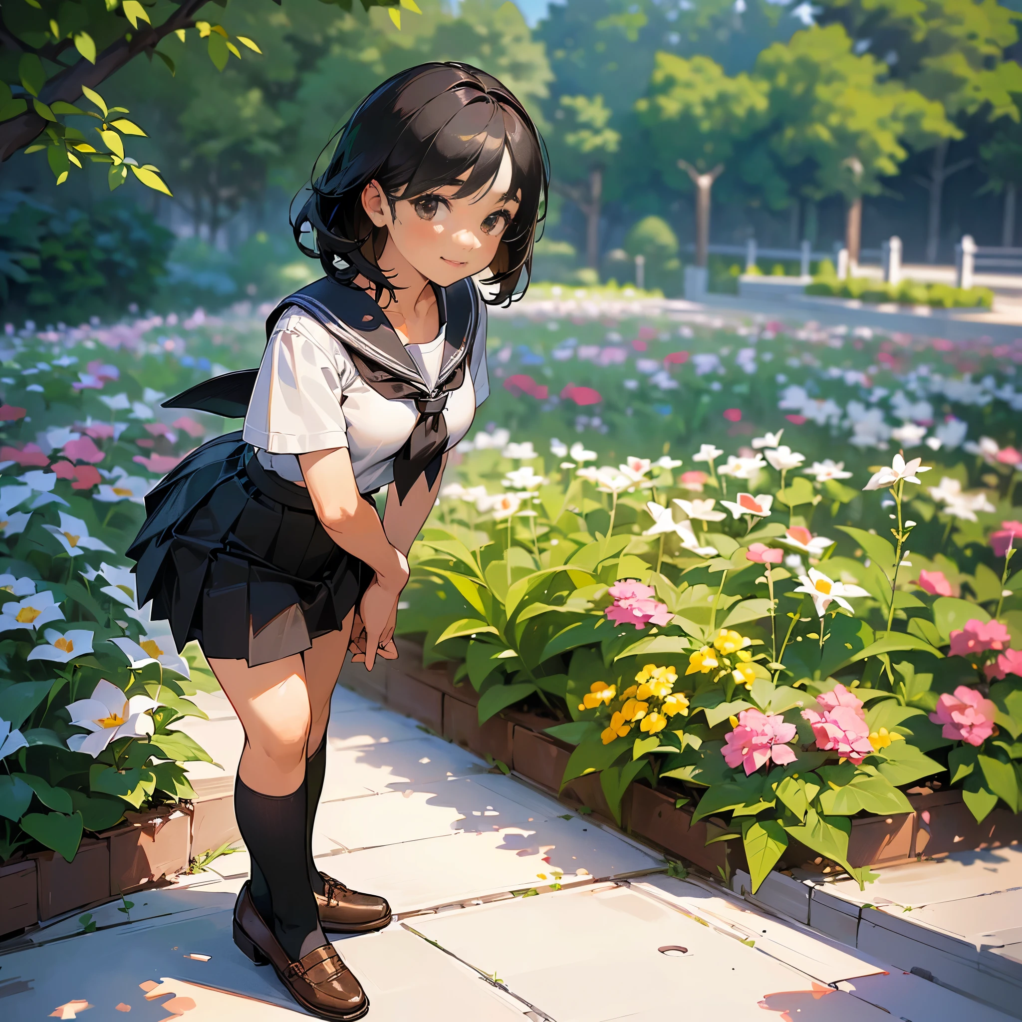 (Highest quality, High resolution, Super detailed, Realistic:1.37), Peaceful atmosphere, (Outdoor, garden), Teenage girl standing alone,(my breasts are big.),Beautifully detailed features, Cute Smile, ((Black bob hair)),Short-sleeved sailor uniform, Pleated skirt,Black tights,Brown leather shoes.