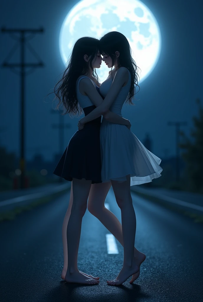 Under the moonlight,Brighter. The floor is asphalt.. Two women touching each other. , thin legs, , small ass, slim body. Japanese.korean.