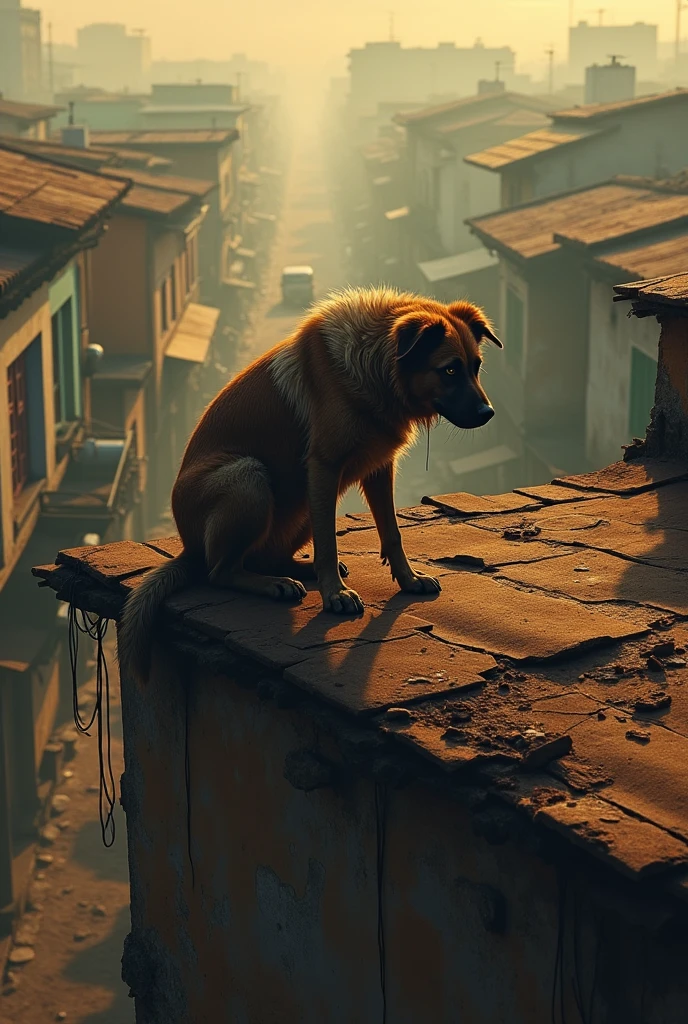 Stray dog, on the roof of a house in Brazil. perspective from below. Sad dog.