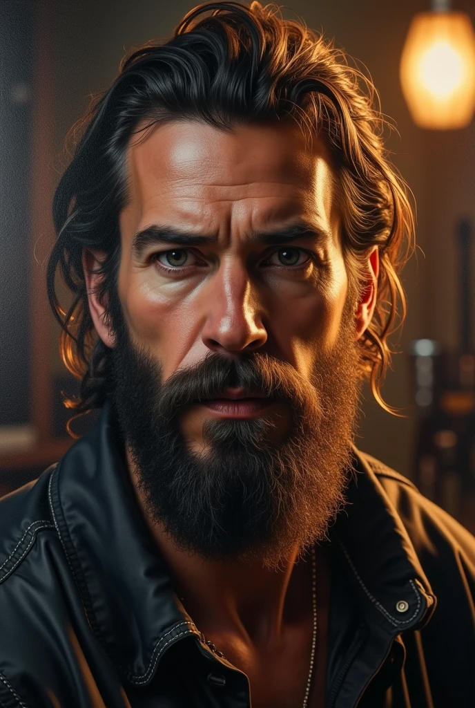 realistic portrait of a man with a beard, musician, hyperrealistic, intricate details, chiaroscuro lighting, warm color tones, dramatic, cinematic, oil painting, high quality, detailed facial features, expressive eyes, dynamic pose, musical instruments, studio setting, masterpiece