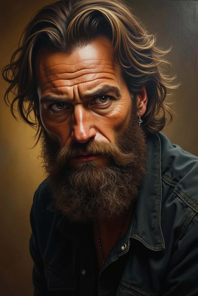 realistic portrait of a man with a beard, musician, hyperrealistic, intricate details, chiaroscuro lighting, warm color tones, dramatic, cinematic, oil painting, high quality, detailed facial features, expressive eyes, dynamic pose, musical instruments, studio setting, masterpiece
