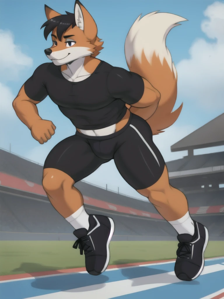 Furry, fox, male, black shirt, black spandex bike shorts, shoes, running track, solo, full body