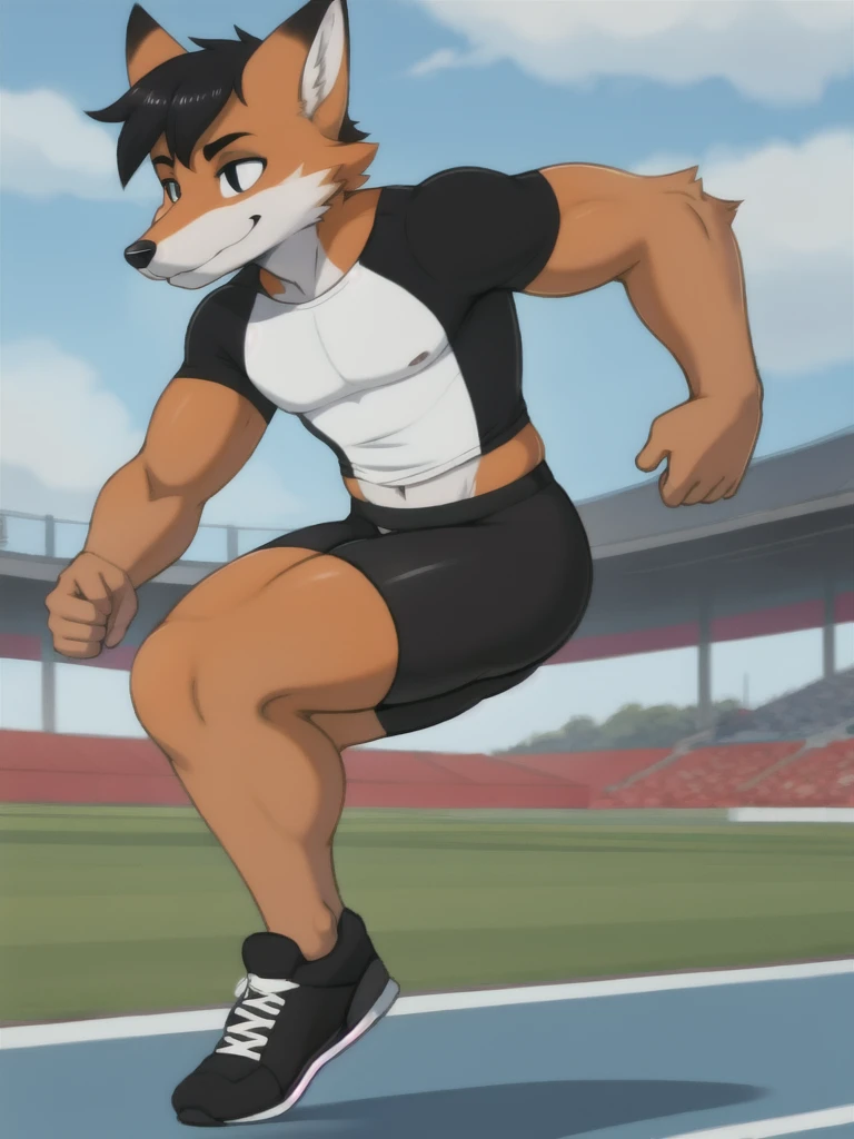 Furry, fox, male, black shirt, black spandex bike shorts, shoes, running track, solo, full body