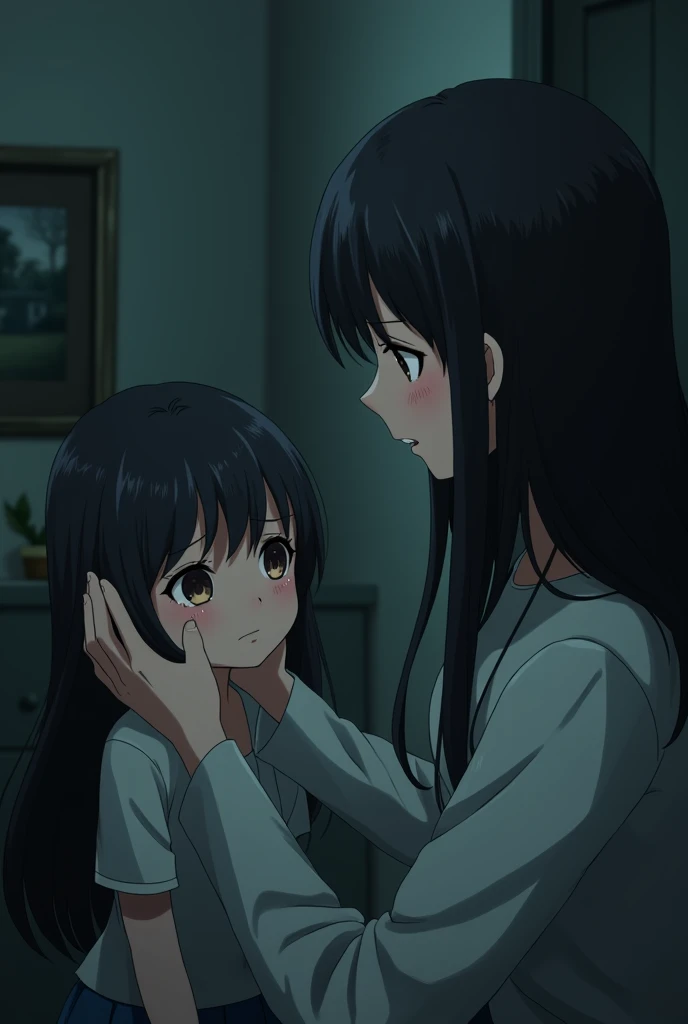 My daughter ,Beautiful black hair, so cute. , Looks pitiful ,But I am feeling sad.,
Tears flowed down both cheeks. , Make a gesture of raising your hands to apologize to your mother., Sad atmosphere, Gloomy tone ,
The backdrop is a corner of the house. , It's a medium short image.