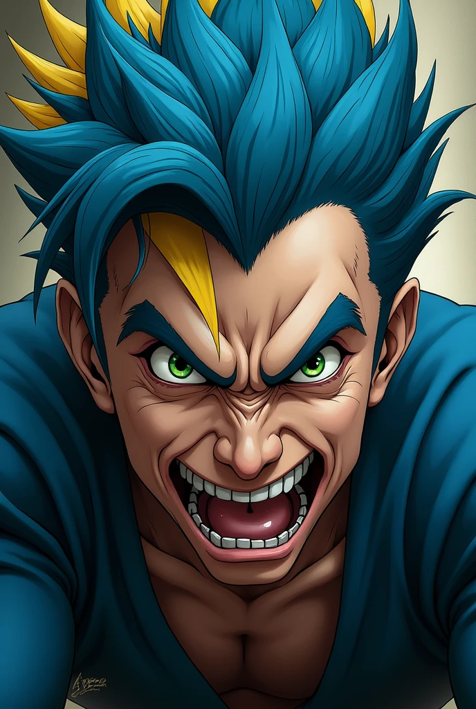 A man with bright green eyes,that has blue pants,blue hair and a yellow streak,and it looks scary angry