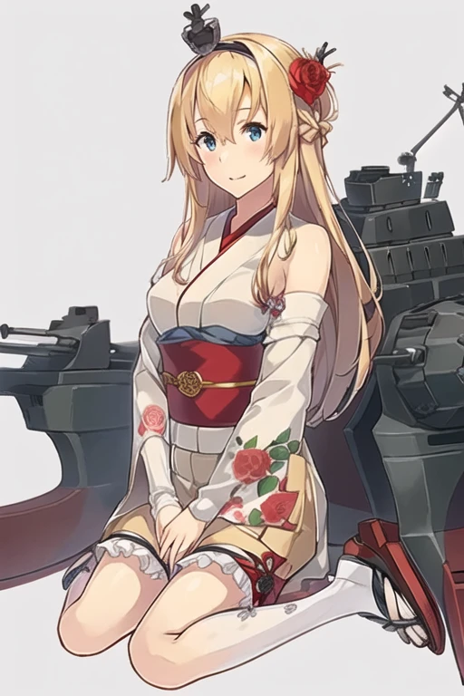 warspite \(kancolle\),((masterpiece)),(((best quality))),((ultra-detailed)),((illustration)),((disheveled hair)),((frills)),(1 girl),(solo),1girl, alternate costume, blonde hair, blue eyes, braid, closed mouth, crown, floral print, flower, hair between eyes, hair flower, hair ornament, hairband, japanese clothes, kimono, long hair, long sleeves, looking at viewer, machinery, mini crown, obi, red flower, red kimono, red rose, rose, sandals, sash, socks, solo, tabi, turret, wariza, white legwear, wide sleeves, Wariza