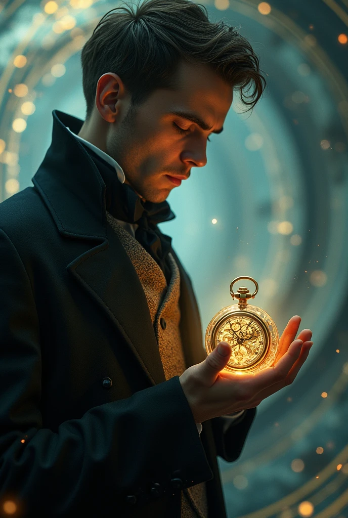 Time machine in the form of a pocket watch in the hands of a time traveler.