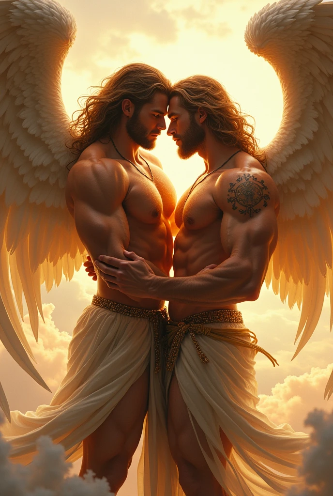 2 male angel warriors having sex in doggy style. Both must have big muscles and long hair