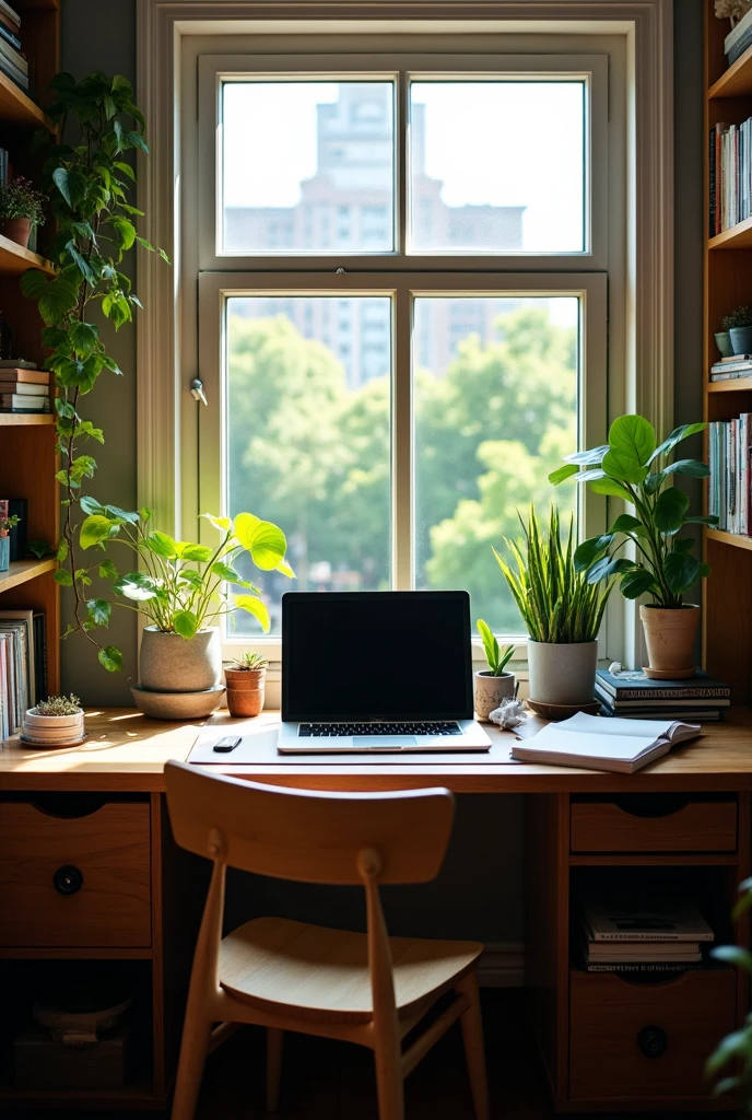 an artist desk with few plants, books, paper, laptop, shelf, drawers, window with a view to a green urban scenery, view directly on to the laptop, laptop screen takes 85% of the image, sun light