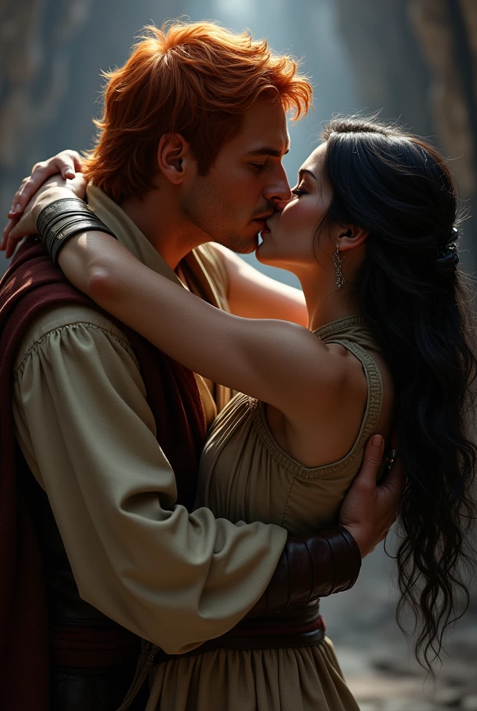 Male Red haired Jedi hugs a female blackhaired bounty hunter very tight, their lips intertwined and his hand on her cheek, after a long time apart