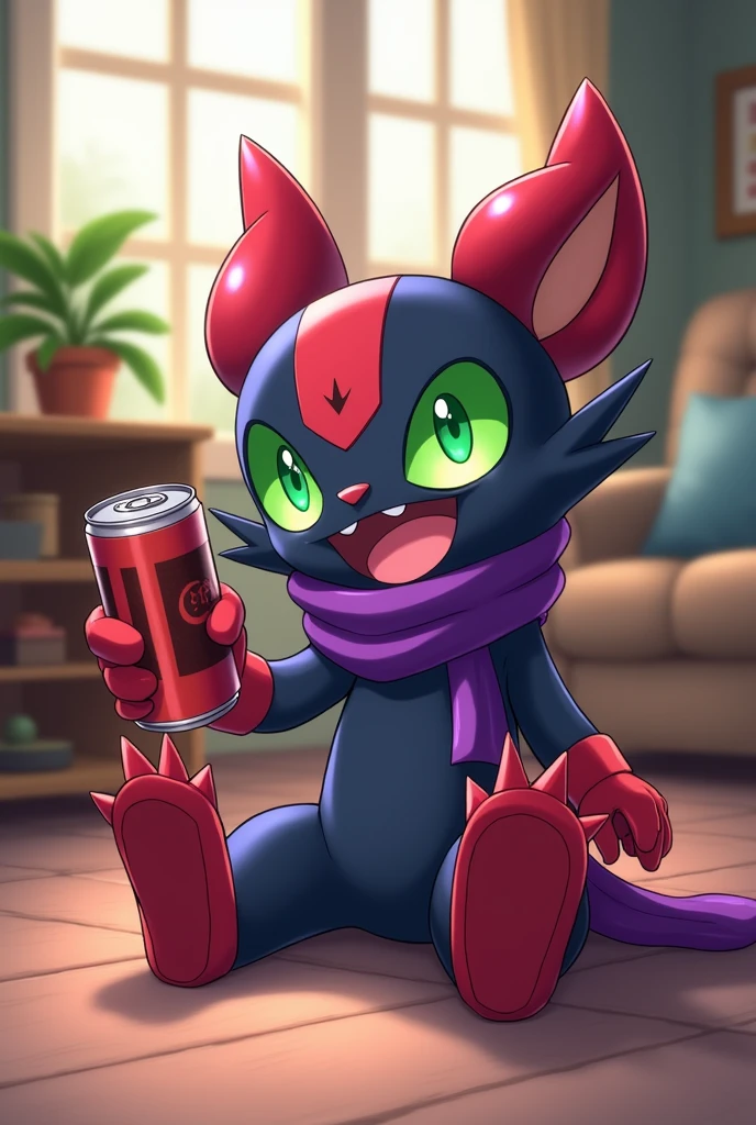 fountain_cheered up, Impmon, 1 chico, alone, digimon (creature), non-human, Full view, eyes, green eyes, cola, gloves, claws, red gloves, purpura, scarf, sitting on the floor of the house, looking at the viewer laughing