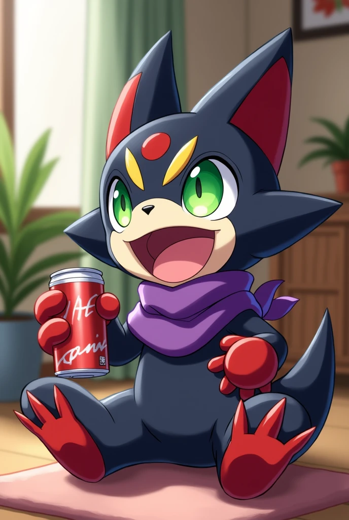 fountain_cheered up, Impmon, 1 chico, alone, digimon (creature), non-human, Full view, eyes, green eyes, cola, gloves, claws, red gloves, purpura, scarf, sitting on the floor of the house, looking at the viewer laughing