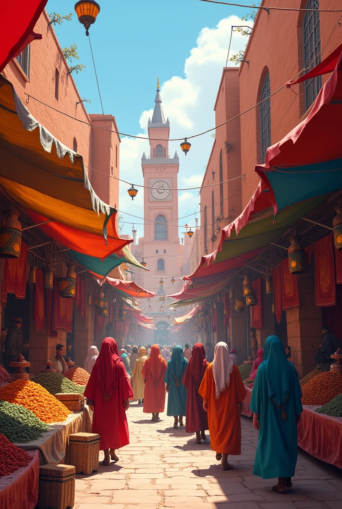 Create the image of A busy street market in Marrakech with colorful stalls and people shopping.