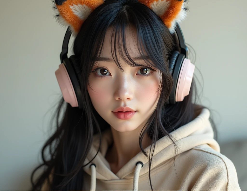 Create an ultra-realistic image of a young Japanese woman. She is wearing a cozy hoodie and unique fox-themed headphones. She is posing for a photo with a calm and slightly playful expression, standing naturally as if captured in the moment. The image should be highly detailed, focusing on her casual attire and the distinct fox-themed headphones, with realistic lighting and texture.
