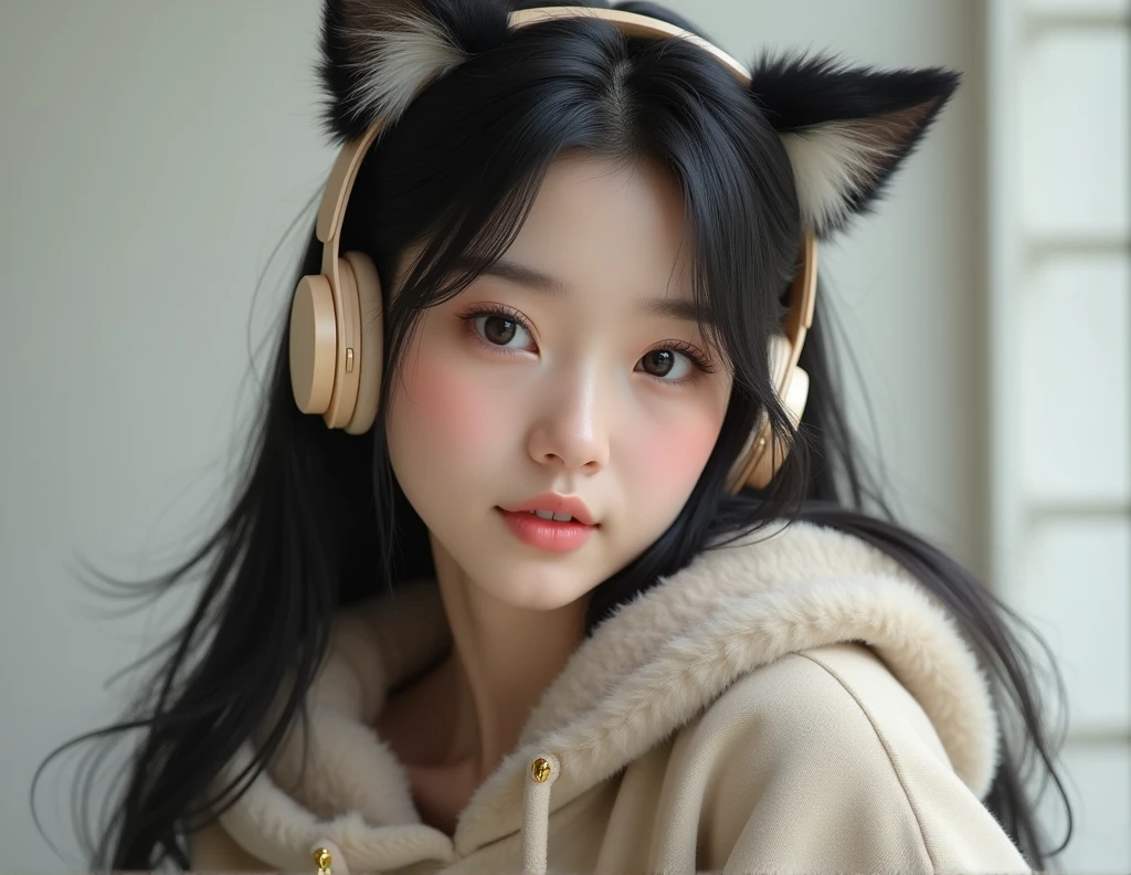Create an ultra-realistic image of a young Japanese woman. She is wearing a cozy hoodie and unique fox-themed headphones. She is posing for a photo with a calm and slightly playful expression, standing naturally as if captured in the moment. The image should be highly detailed, focusing on her casual attire and the distinct fox-themed headphones, with realistic lighting and texture.