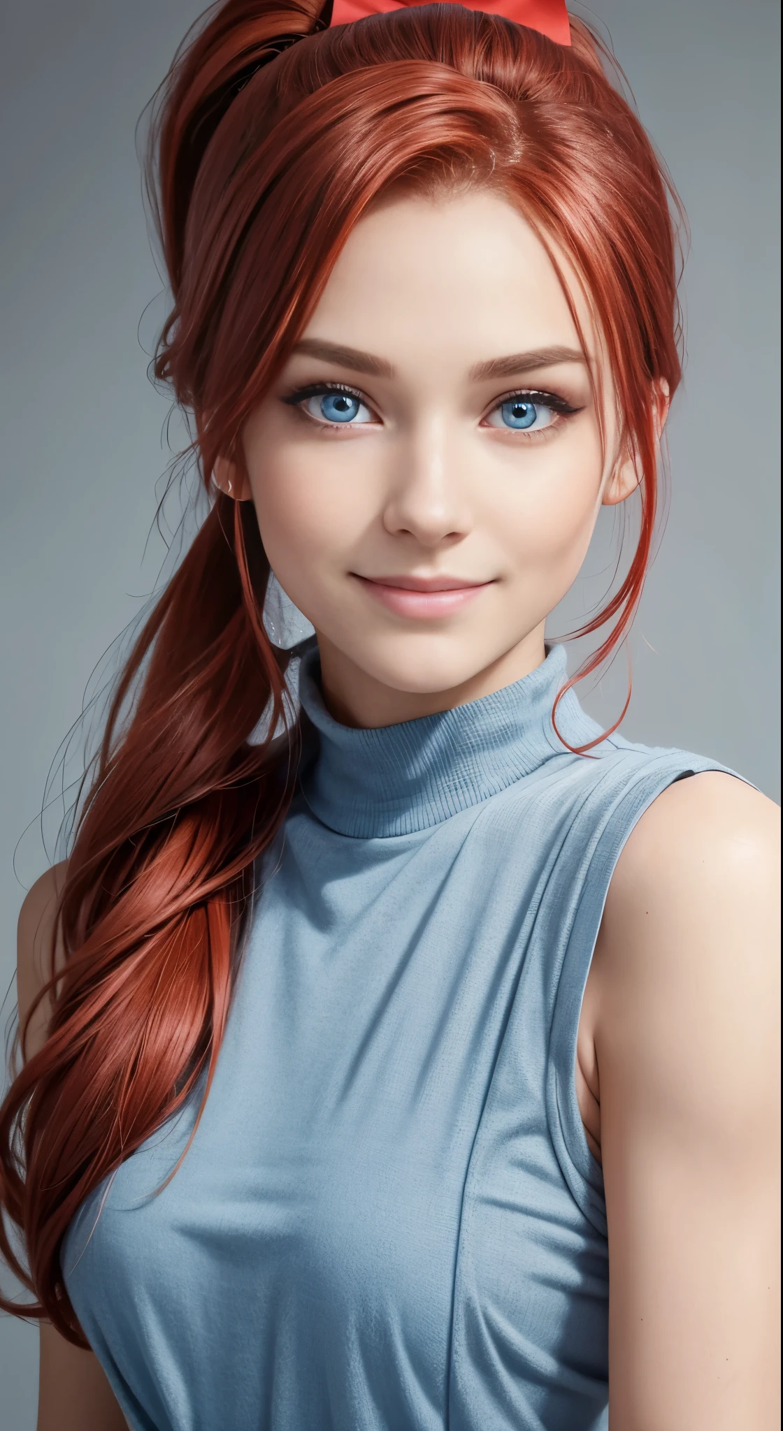 from front, looking at viewer, blush, grin, A age girl, red hair, hair ribbon, pony tail, pale, slant blue eyes, UHD, masterpiece, accurate, anatomically correct, beautiful face, perfect face, highly detailed beautiful face and eyes, attractive face, textured skin, super detail, high details, high quality, highres, best quality, 16k