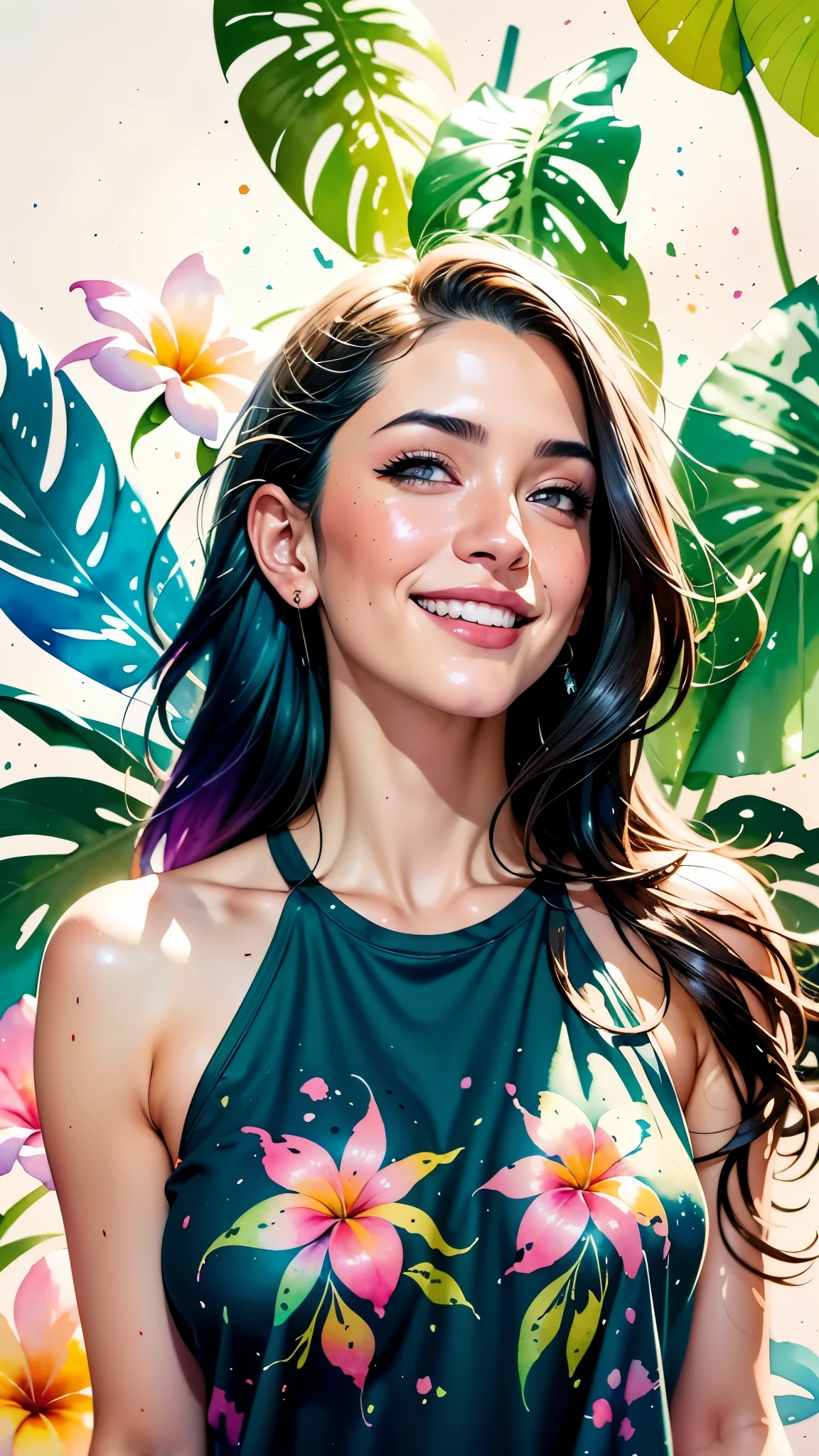 a Plumeria painting with a splatter background and spray paint effect, by Adam hughes, plumeria flower design t-shirt and jean shorts, upper body centered, multi-color hair, big brown eyes, big happy smile, watercolor art, watercolor painting, watercolor painting style, watercolor detailed art, watercolor digital painting, watercolor paint, masterfully detailed watercolor, watercolor art