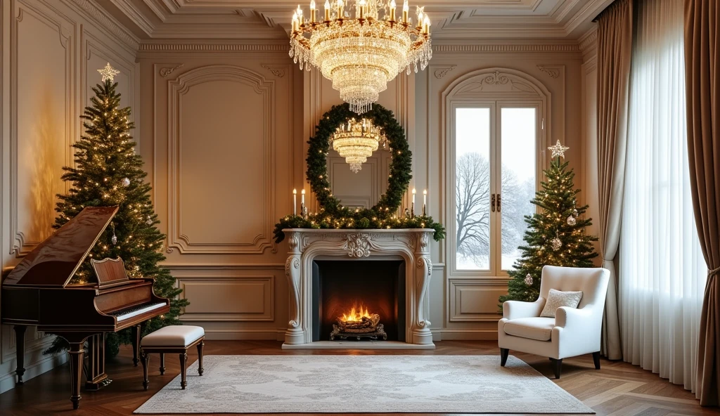Provencal style Christmas room with wall piano, tree, beautiful chandelier, side window, all white armchair and fireplace