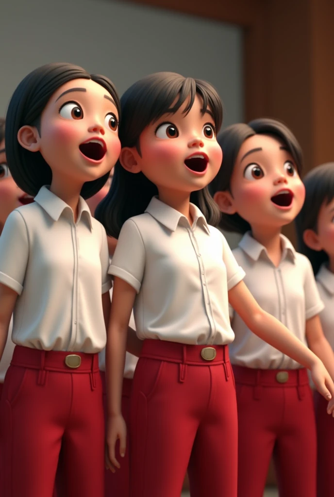 Grade 4 students are singing together wearing white shirts and red pants with Javanese faces.