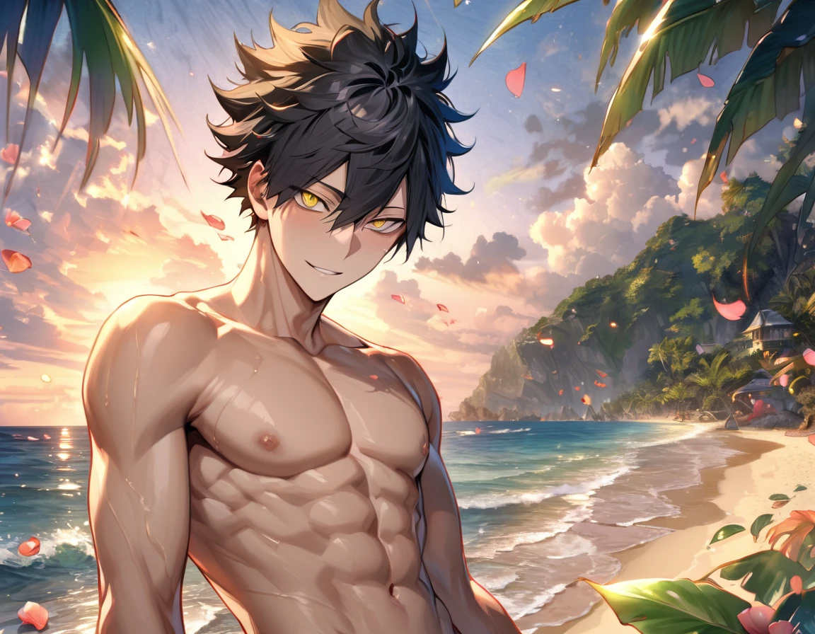 Ultra detailed, Highres, absurdres, HDR, master piece, Kuroo Tetsurou, black hair, hair between the eyes, expressive yellow eyes, Haikyuu, without shirt, bare chest, toned chest, sexy man, handsome, solo, beach, water, glittering, petals, fantasy, magical, green leaves, seashells, ocean, sea, sunset, handsome smile, sensual, horny