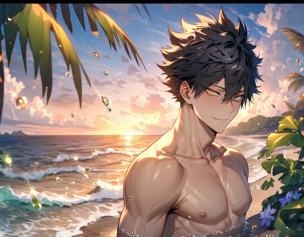 Ultra detailed, Highres, absurdres, HDR, master piece, Kuroo Tetsurou, black hair, hair between the eyes, expressive yellow eyes, Haikyuu, without shirt, bare chest, toned chest, sexy man, handsome, solo, beach, water, glittering, petals, fantasy, magical, green leaves, seashells, ocean, sea, sunset, handsome smile, sensual, horny