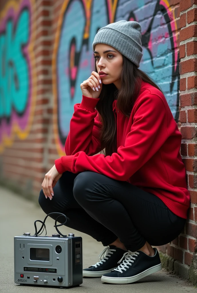 A young woman with white skin and a pensive expression is squatting with a grey vintage tape recorder and leaning against a brick wall with graffiti.. He is wearing a red sports suit., black pants and a grey balaclava.
The classic grey recorder, that rests at his side, evokes a sense of identity and authenticity, suggesting that you are in the middle of a creative process or personal reflection.
The brick wall, covered in vibrant graffiti, adds an urban background that highlights contemporary culture and self-expression. His red sports suit contrasts with the black of his pants., creating a striking color palette that captures attention.