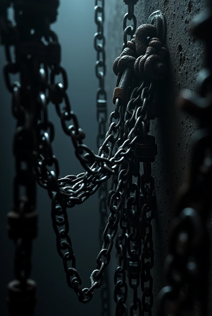 a huge old rusty metal chains hanging from the walls of a dark and gloomy dungeon, intricate detailed, moody dramatic lighting, cinematic composition, highly detailed, photorealistic, 8k, best quality, masterpiece
